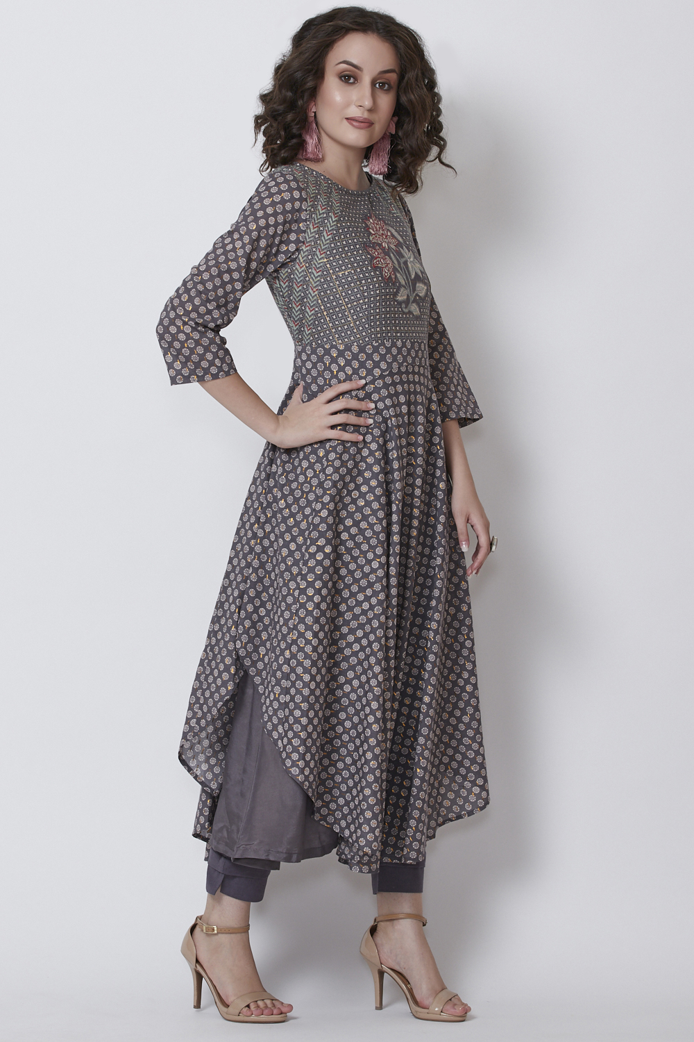 Dark Grey Metallic Cotton Anarkali Printed Kurta image number 2