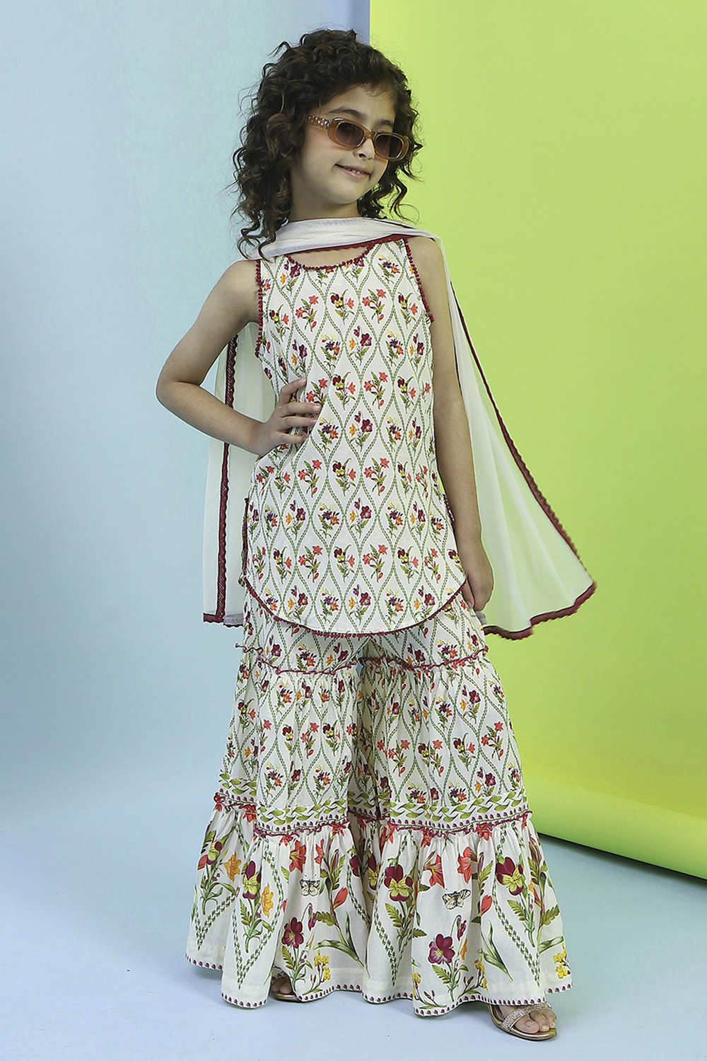 Off White Cotton Sharara Suit Set image number 6