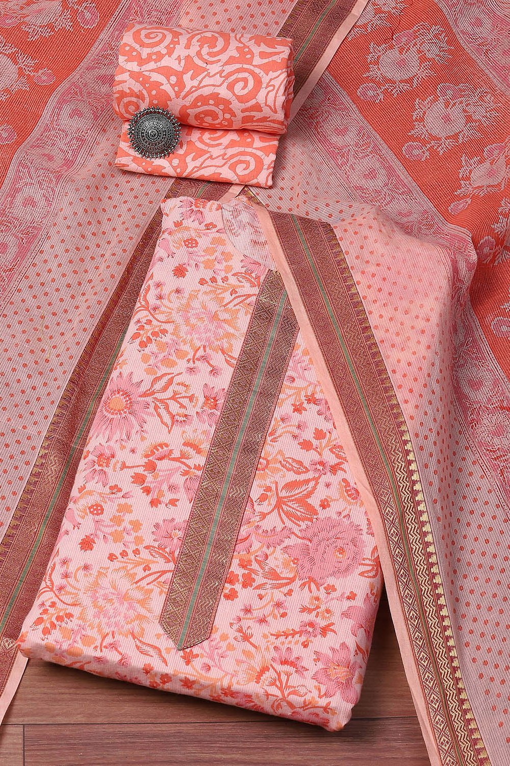 Peach Cotton Hand Block Print Unstitched Suit Set image number 0