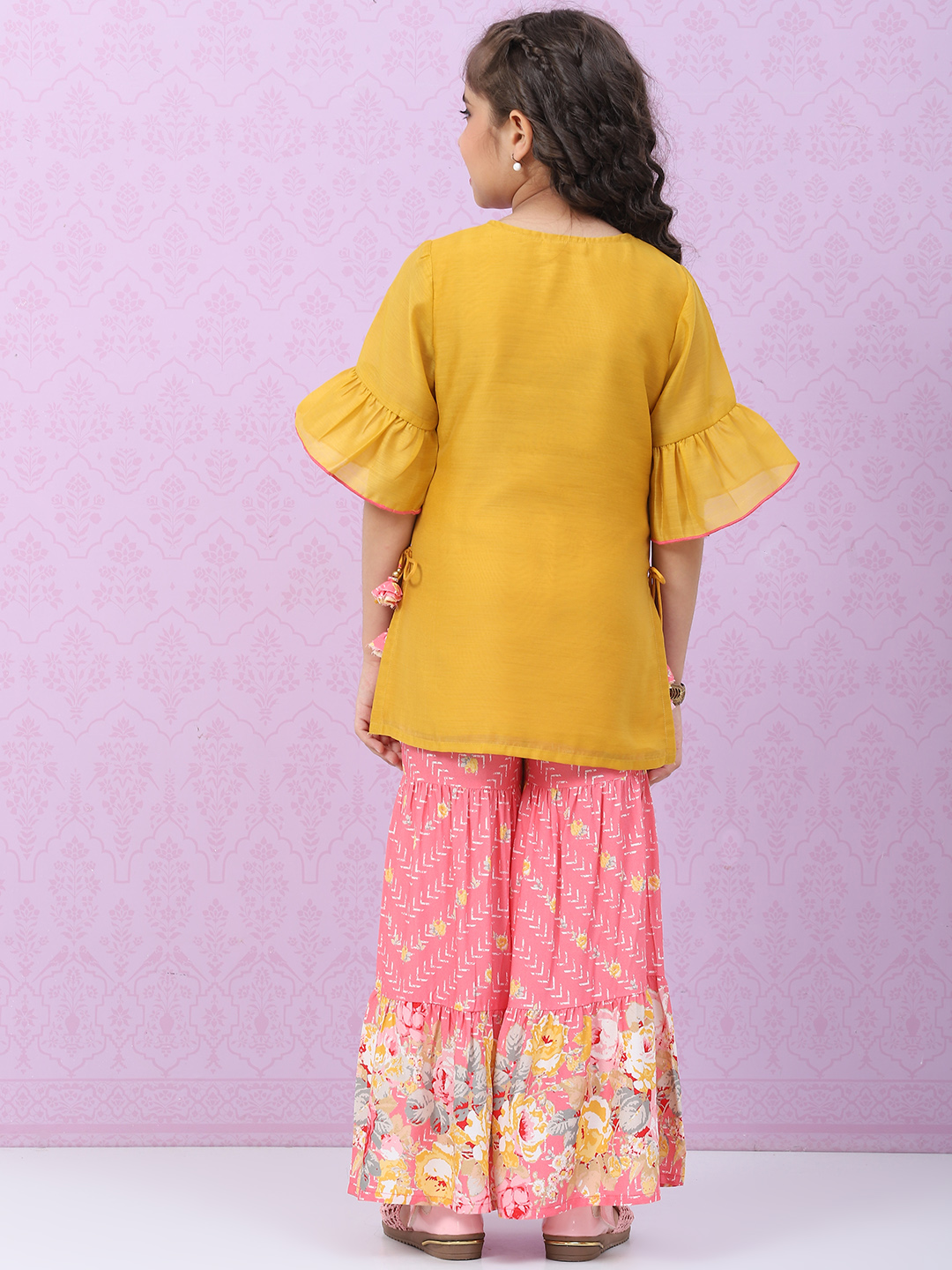 Pink & Yellow Art Silk Straight Kurta Set image number 4