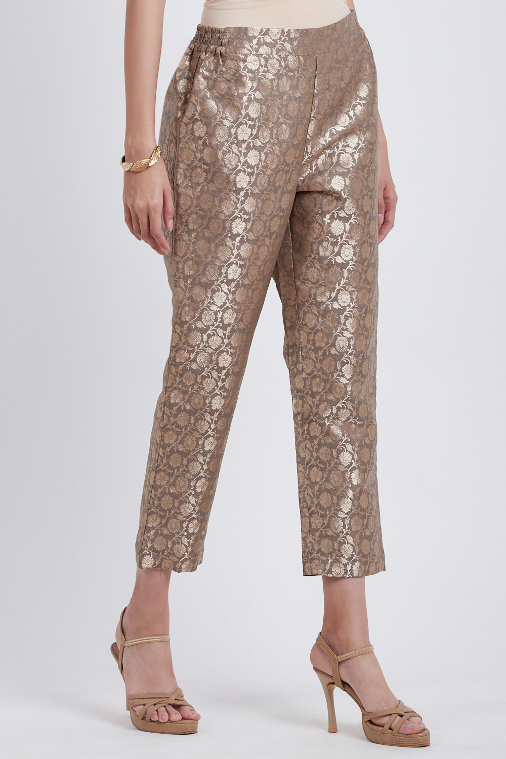 Grey & Gold Poly Metallic Cotton Yarndyed Pant image number 2