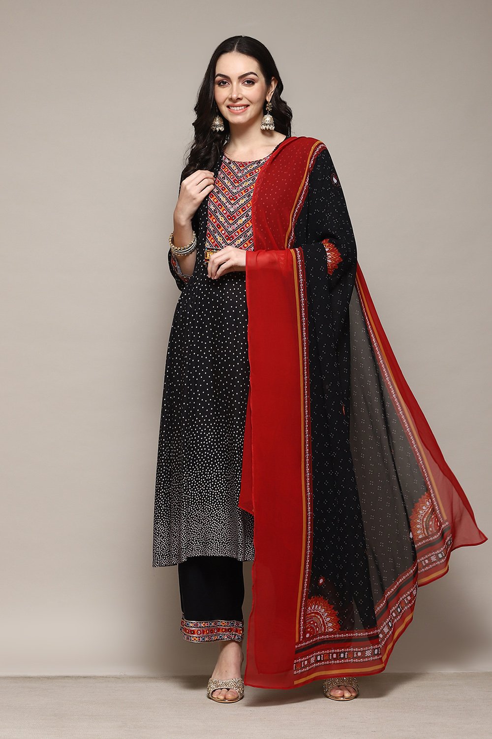 Black LIVA Kalidar Kurta Palazzo Suit Set image number 7