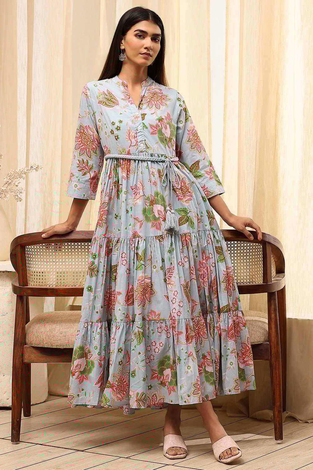 Earthy Blue Cotton Floral Tiered Dress image number 0