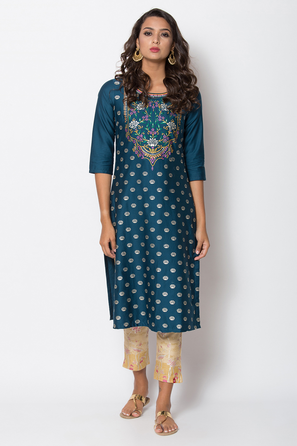 Navy Blue Cotton Straight Printed Kurta image number 0