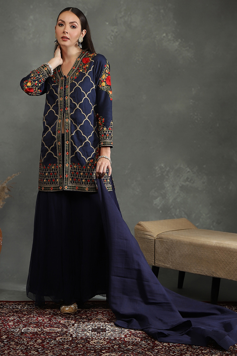 Blue Silk Chanderi Floral Straight Suit Set image number 0