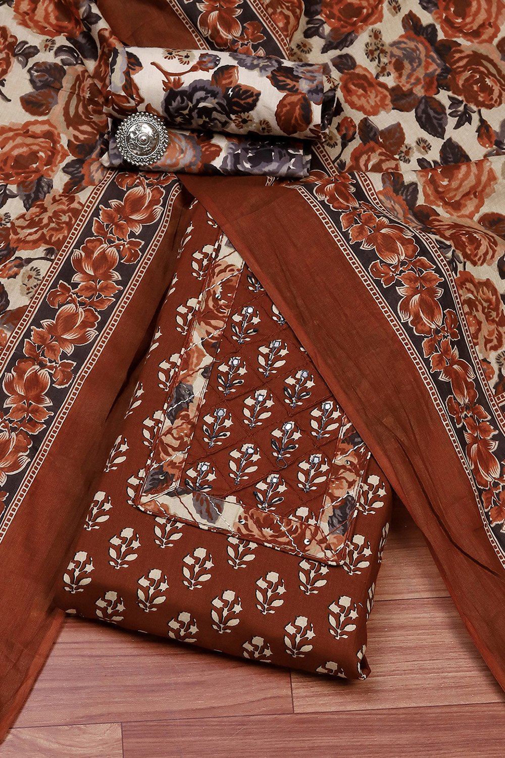 Rust Cotton Unstitched Suit Set image number 0