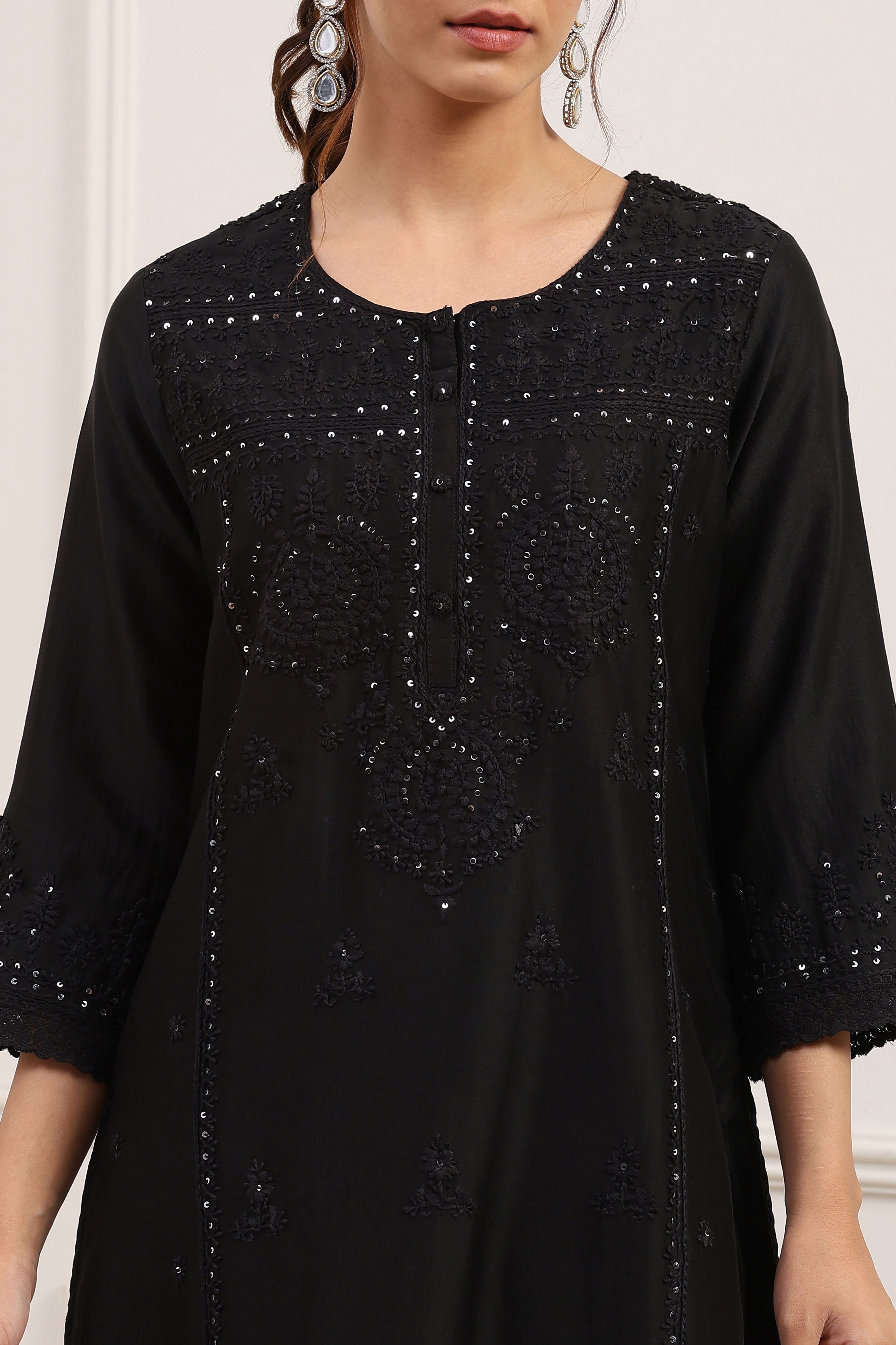 Black Silk Chanderi Sequined Straight Kurta Set image number 1