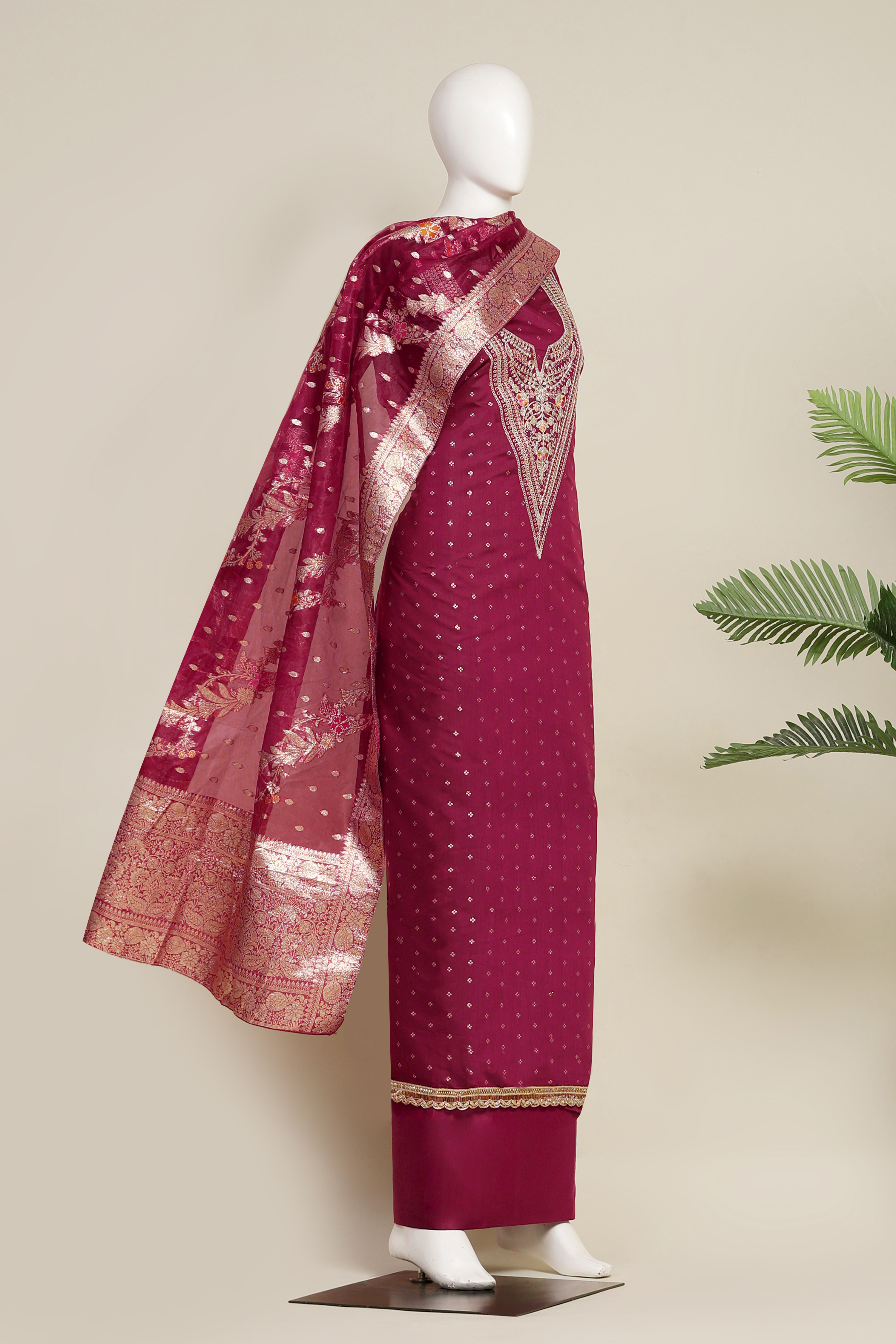 Botle Green Tissue Chanderi Embroidered Unstitched Suit Set image number 4