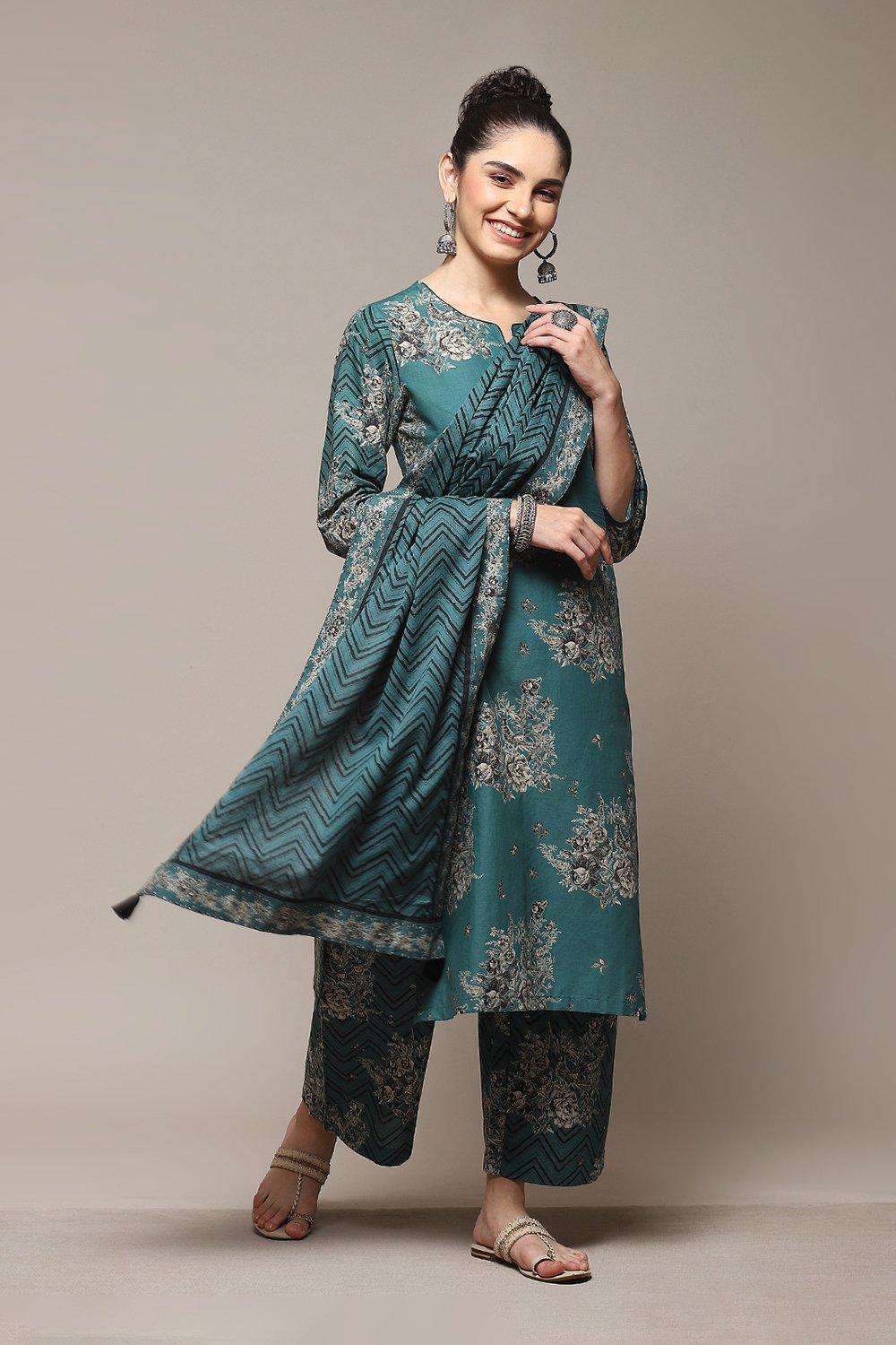 Dark Green Cotton Straight Kurta Palazzo Suit Set image number 0