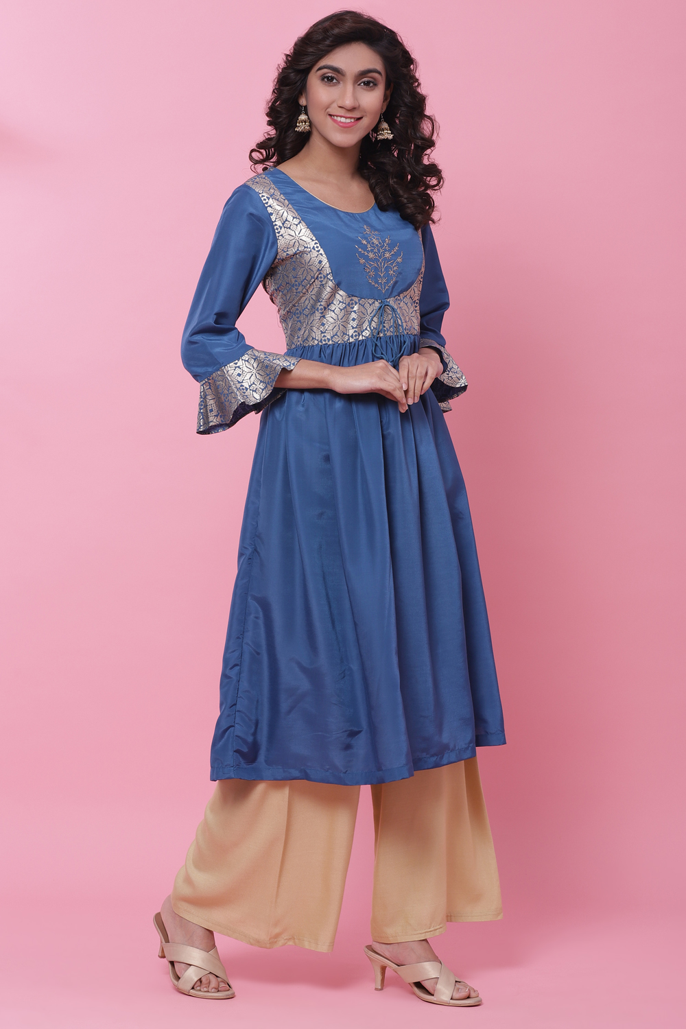 Blue Art Silk Flared Kurta image number 3