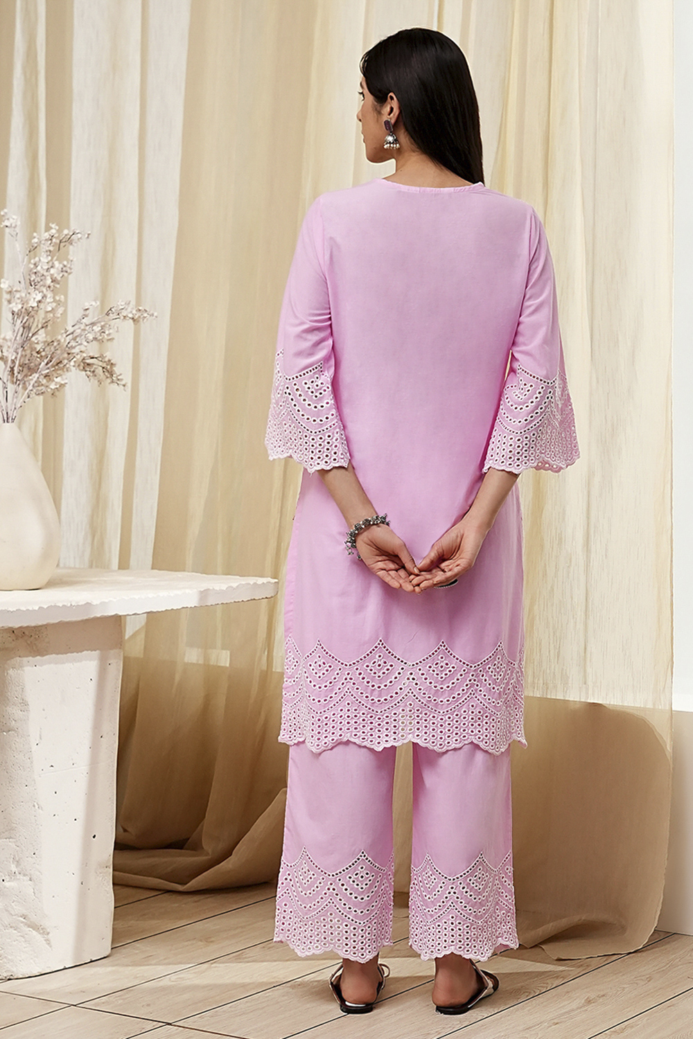 Pink Cotton Schiffli Straight Suit Set image number 4