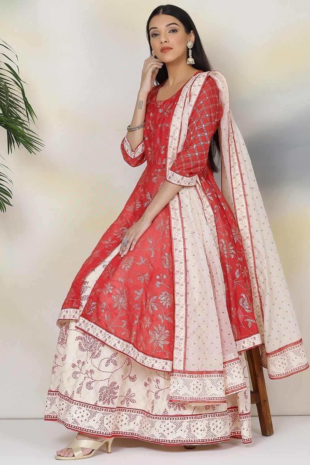 Red Poly Cotton Lehenga Set image number 0