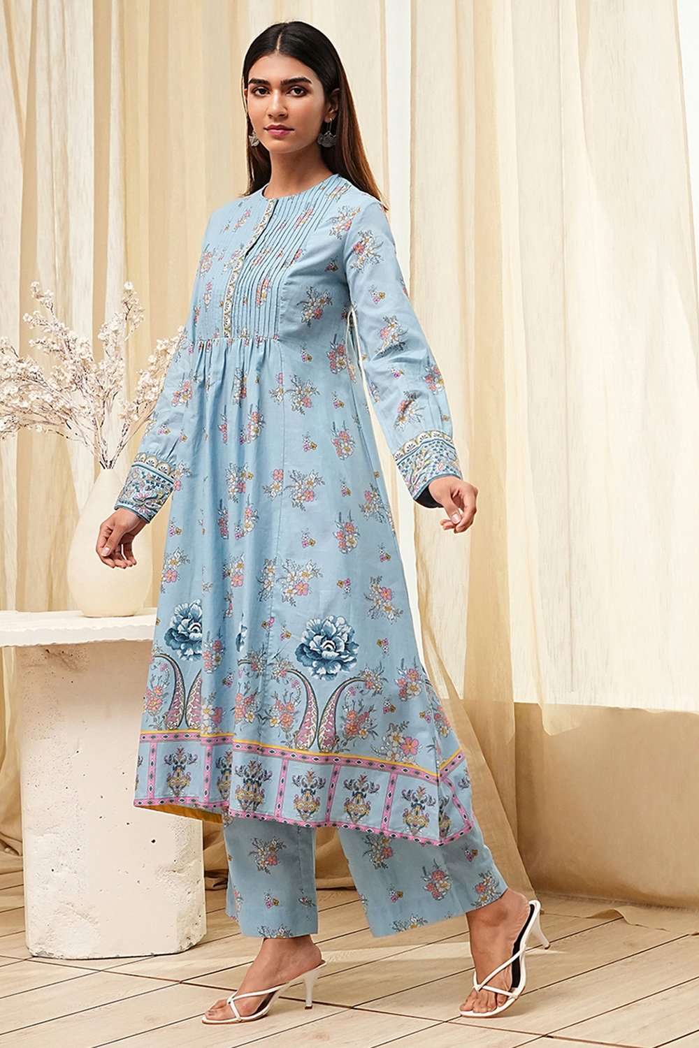 Dull Blue Cotton Flared Printed Kurta Set image number 3
