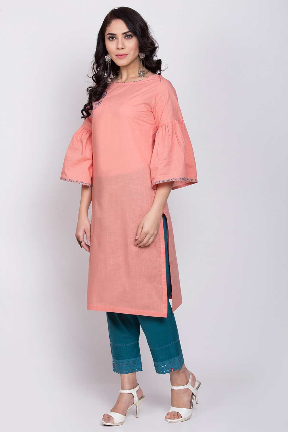 Peach Cotton Straight Kurta image number 3