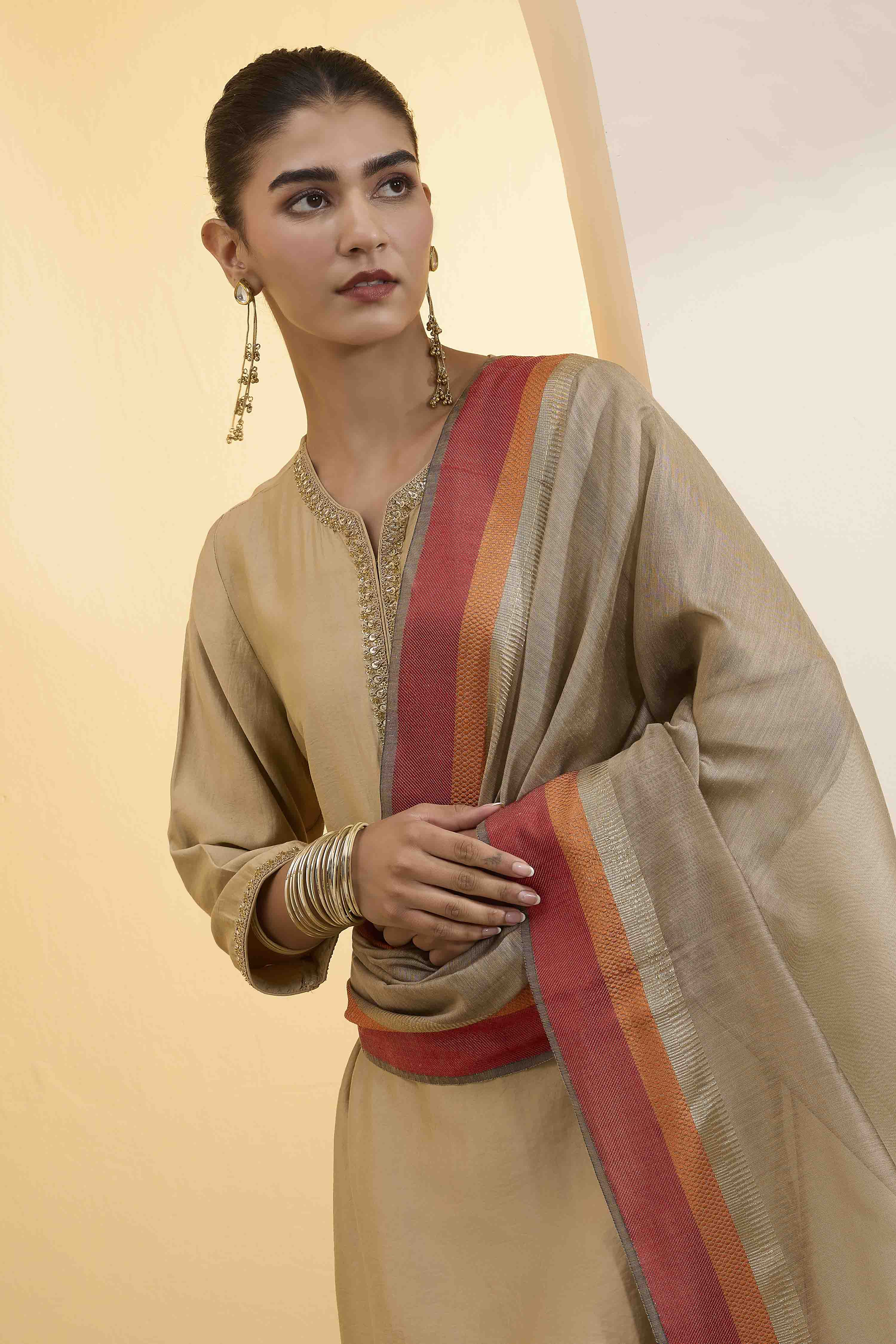 Dark Gold Poly Loom Side Striped Dupatta image number 0