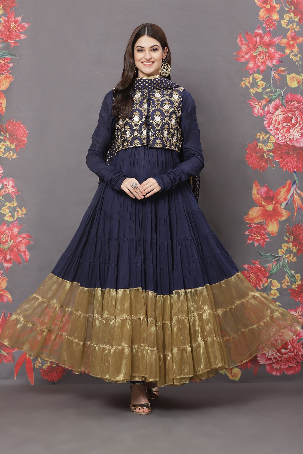 Rohit Bal Navy Blue Cotton Anarkali Solid Suit Set image number 0