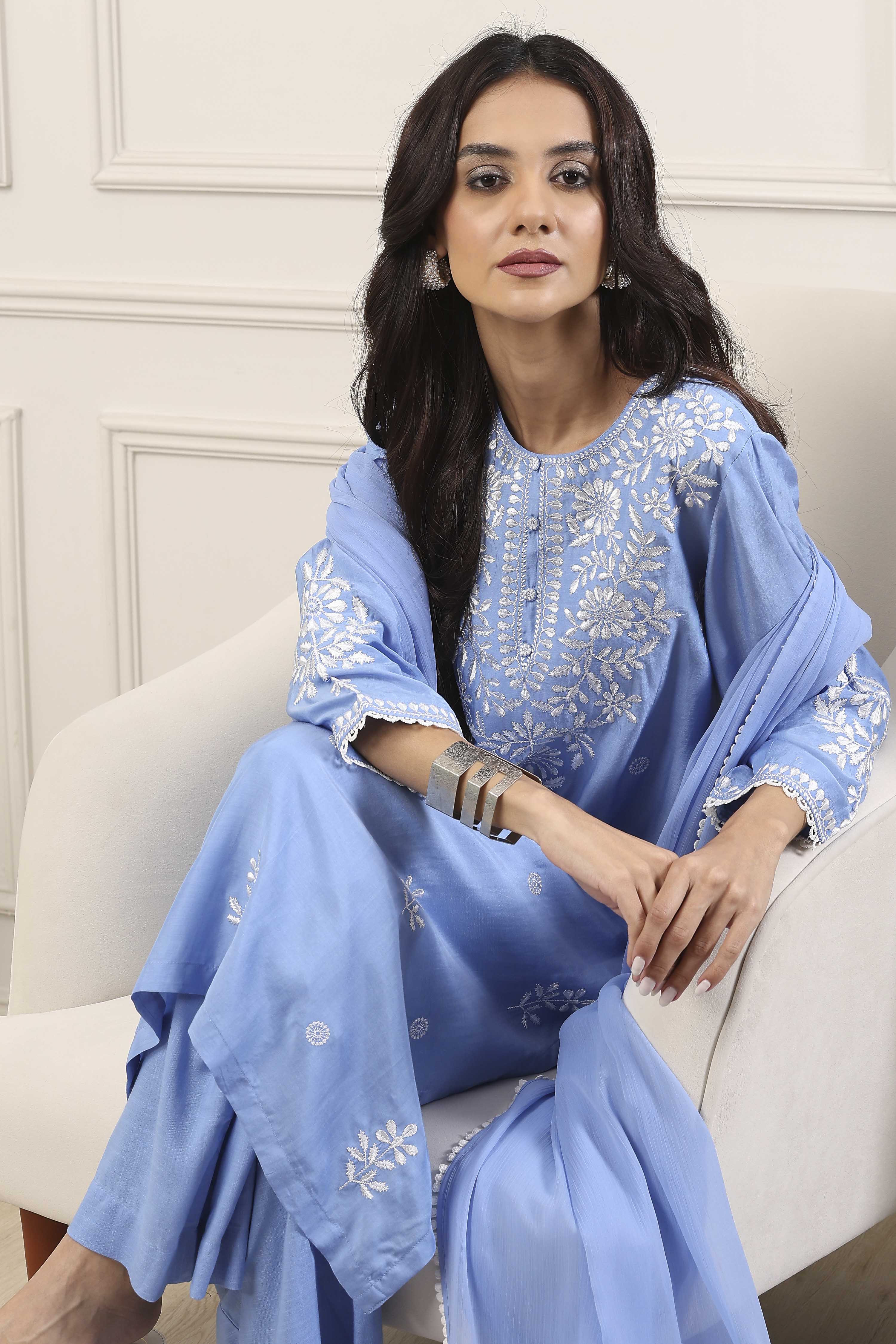 Blue Poly Viscose Straight Suit Set image number 0