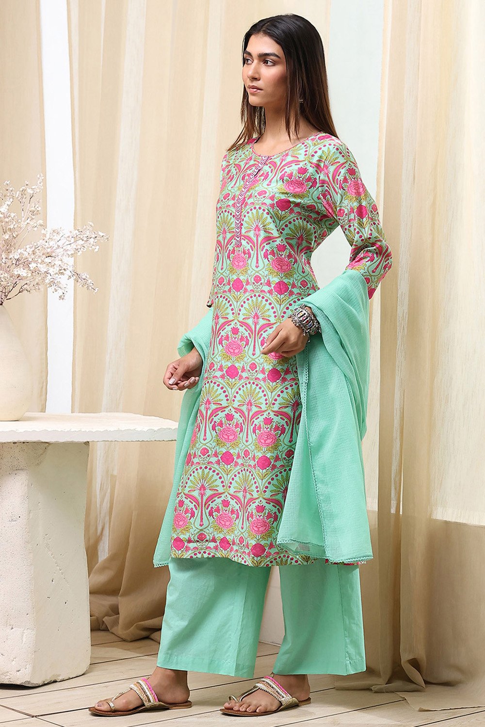 Sea Green Viscose Rayon Straight Suit Set image number 3
