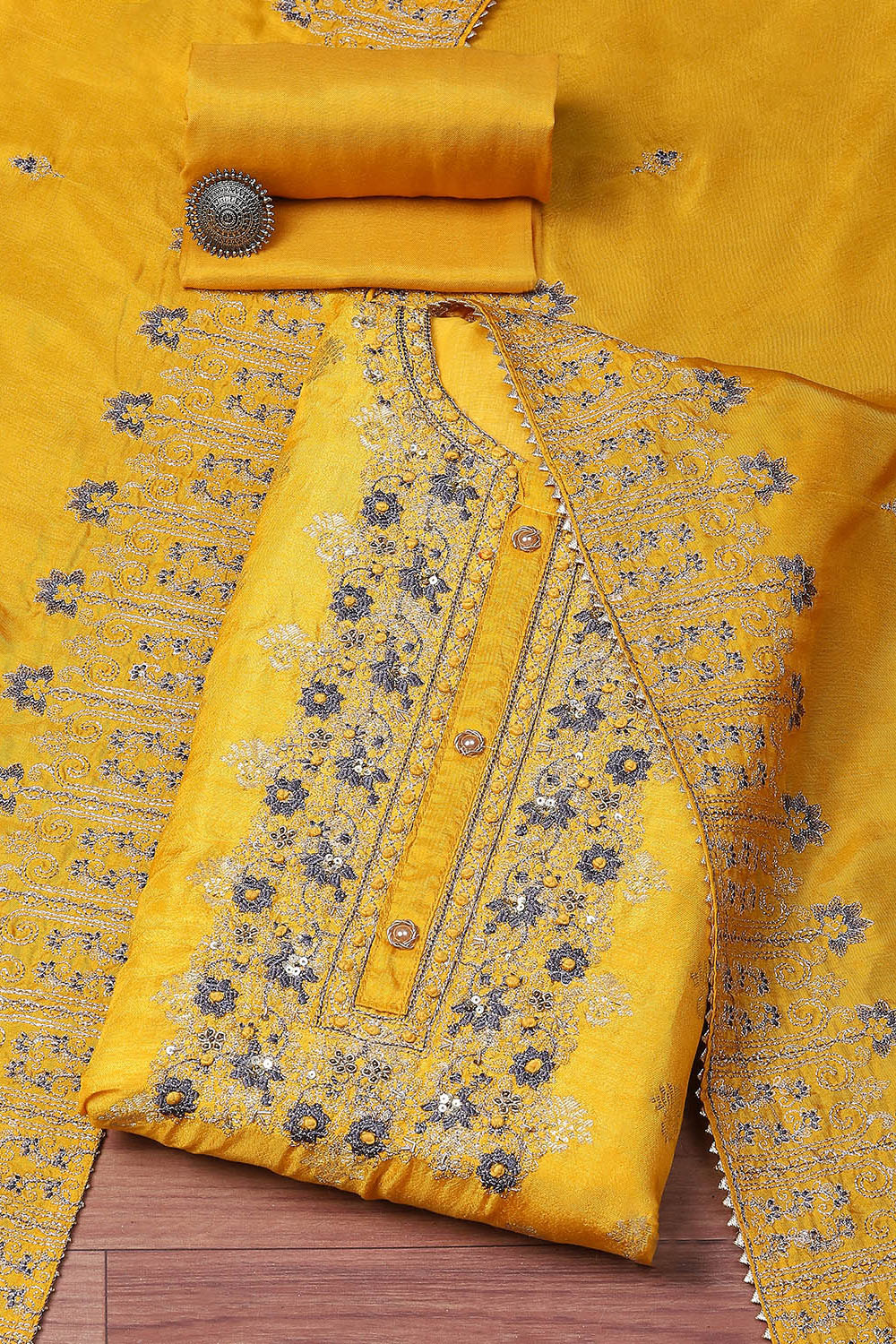 Yellow Banarasi Silk Machine Embroidered Unstitched Suit Set image number 0