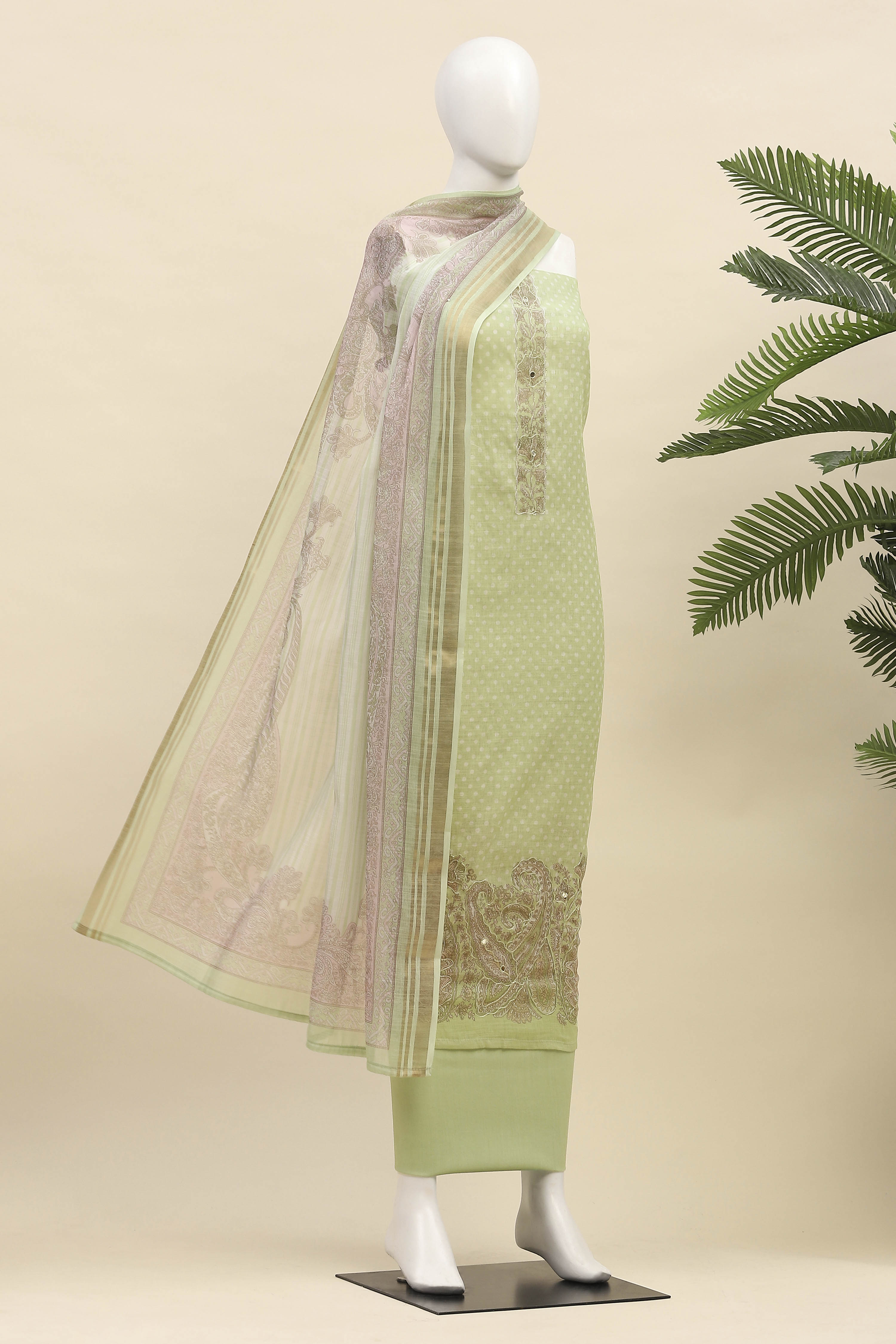 Sky Blue Linen Unstitched Suit Set image number 4