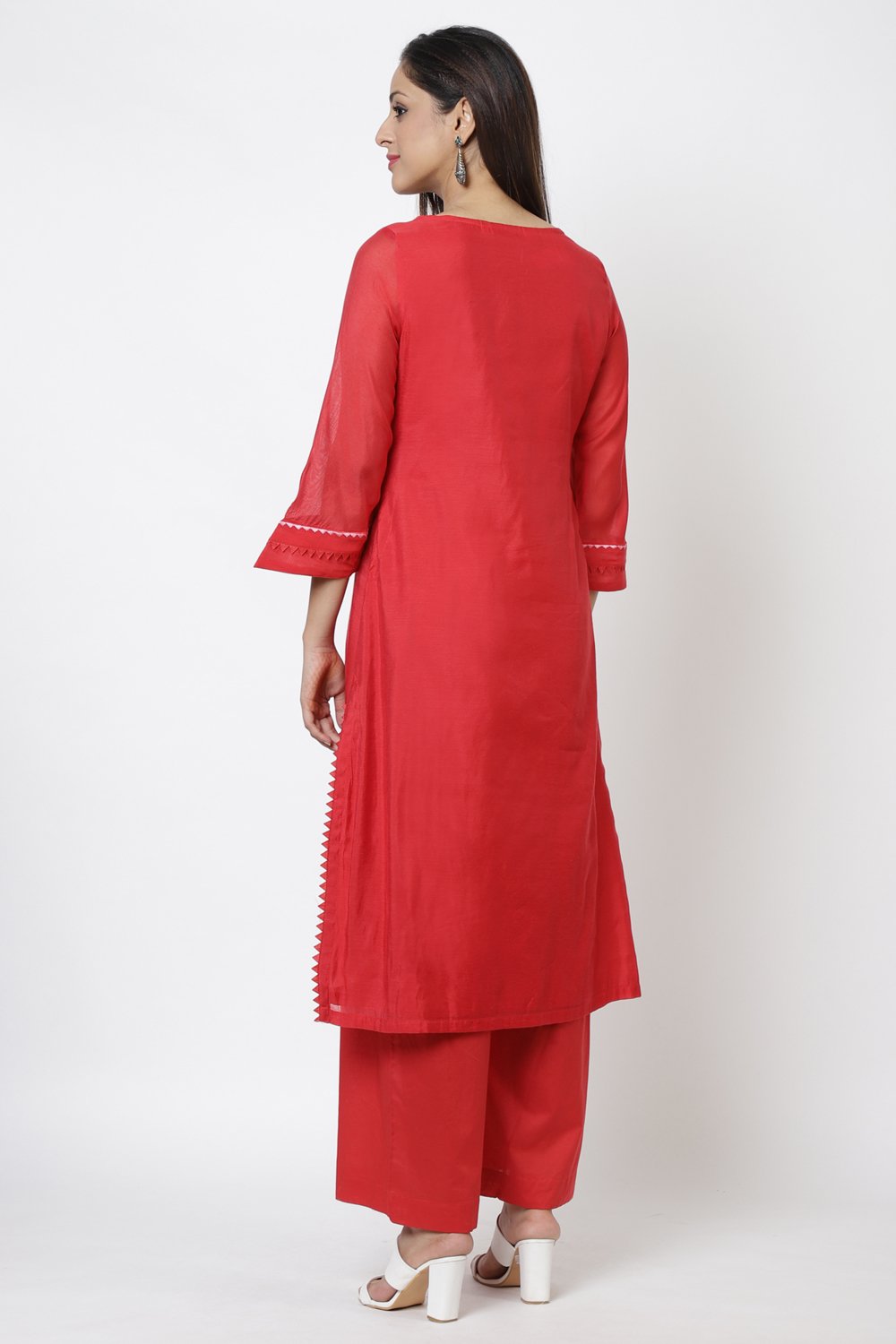 Red Poly Cotton Straight Kurta Palazzo Suit Set image number 5
