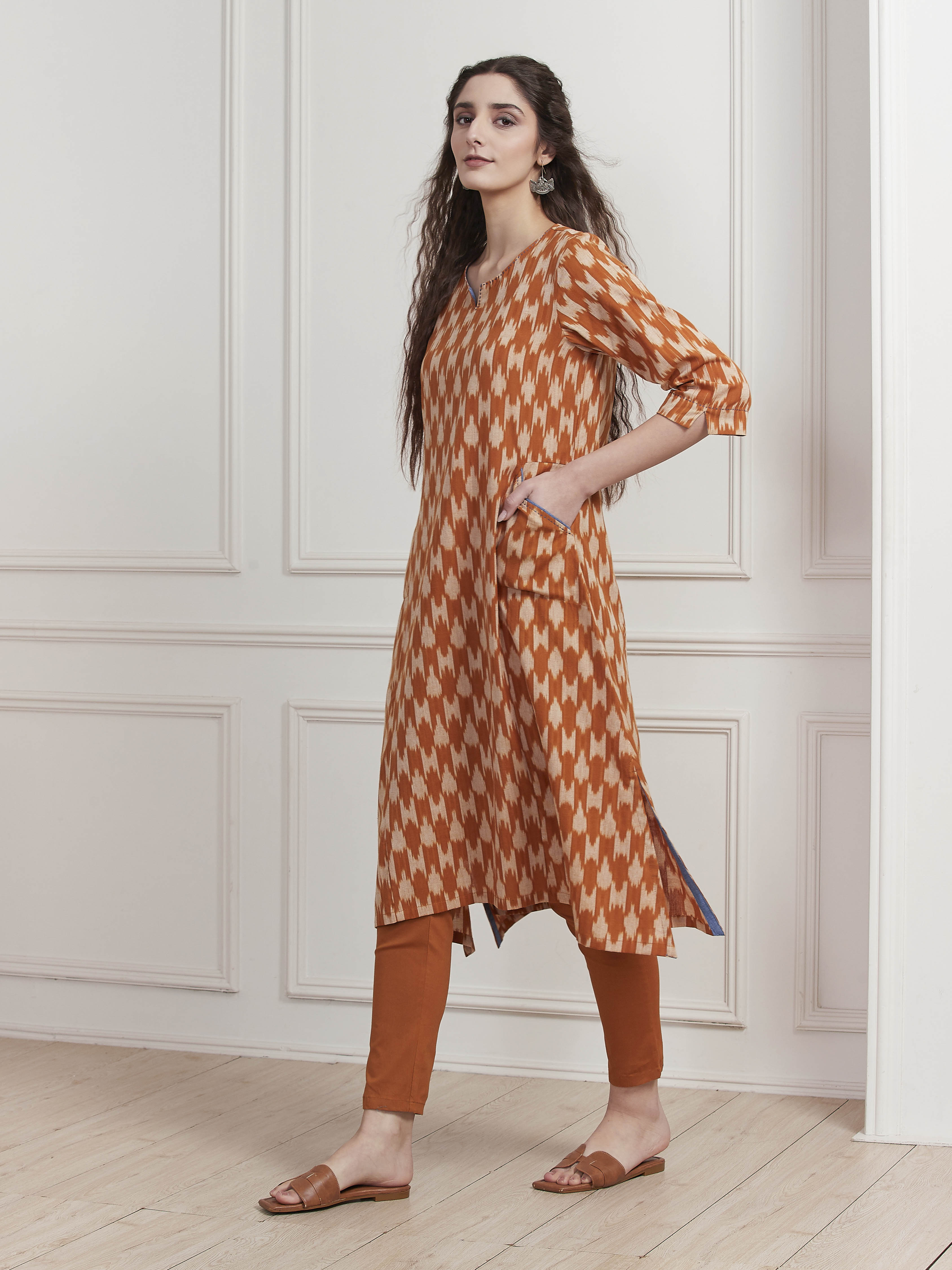 Rust Cotton Ikat Printed A-Line Kurta image number 2