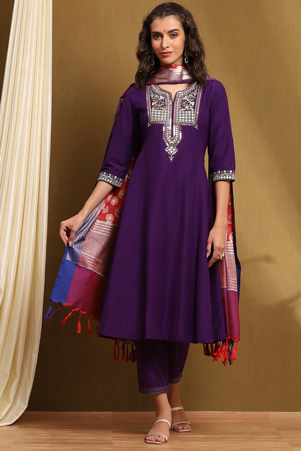 Purple Embroidered Kalidar Suit Set image number 0