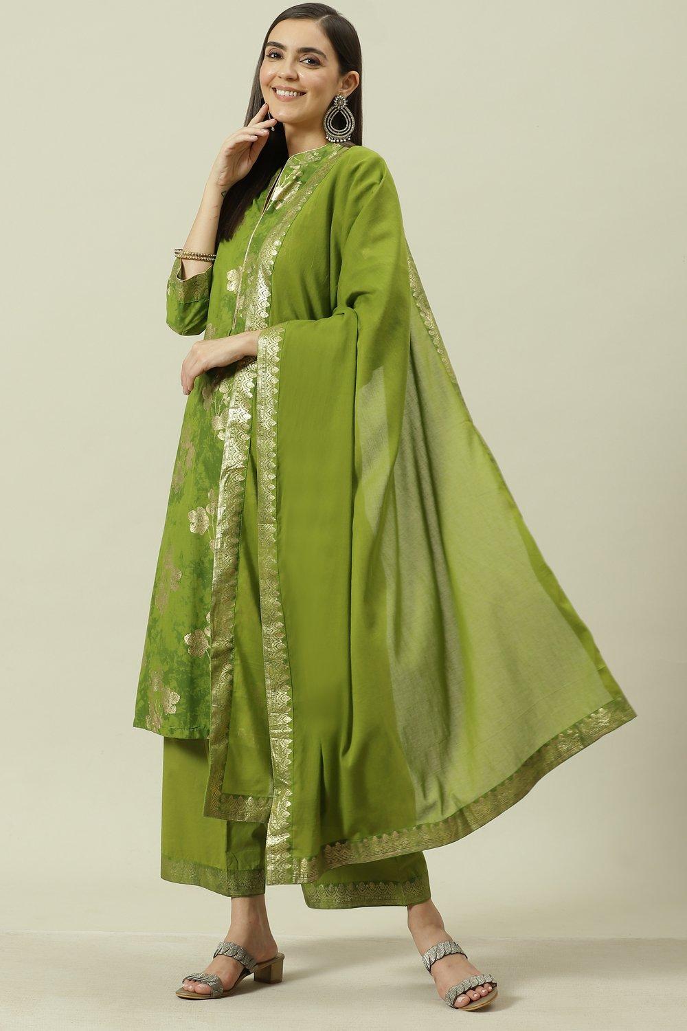 Turquoise Printed Cotton Straight Suit Set image number 5