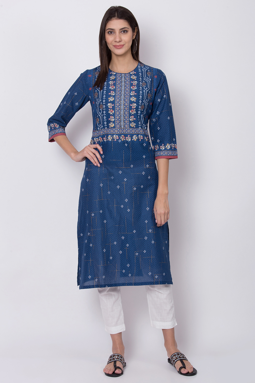 Indigo Cotton Straight Printed Kurta image number 3