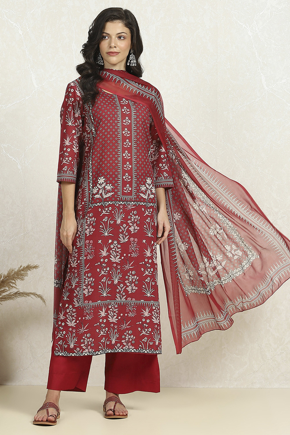 Green-Maroon Cotton Unstitched Suit Set image number 1