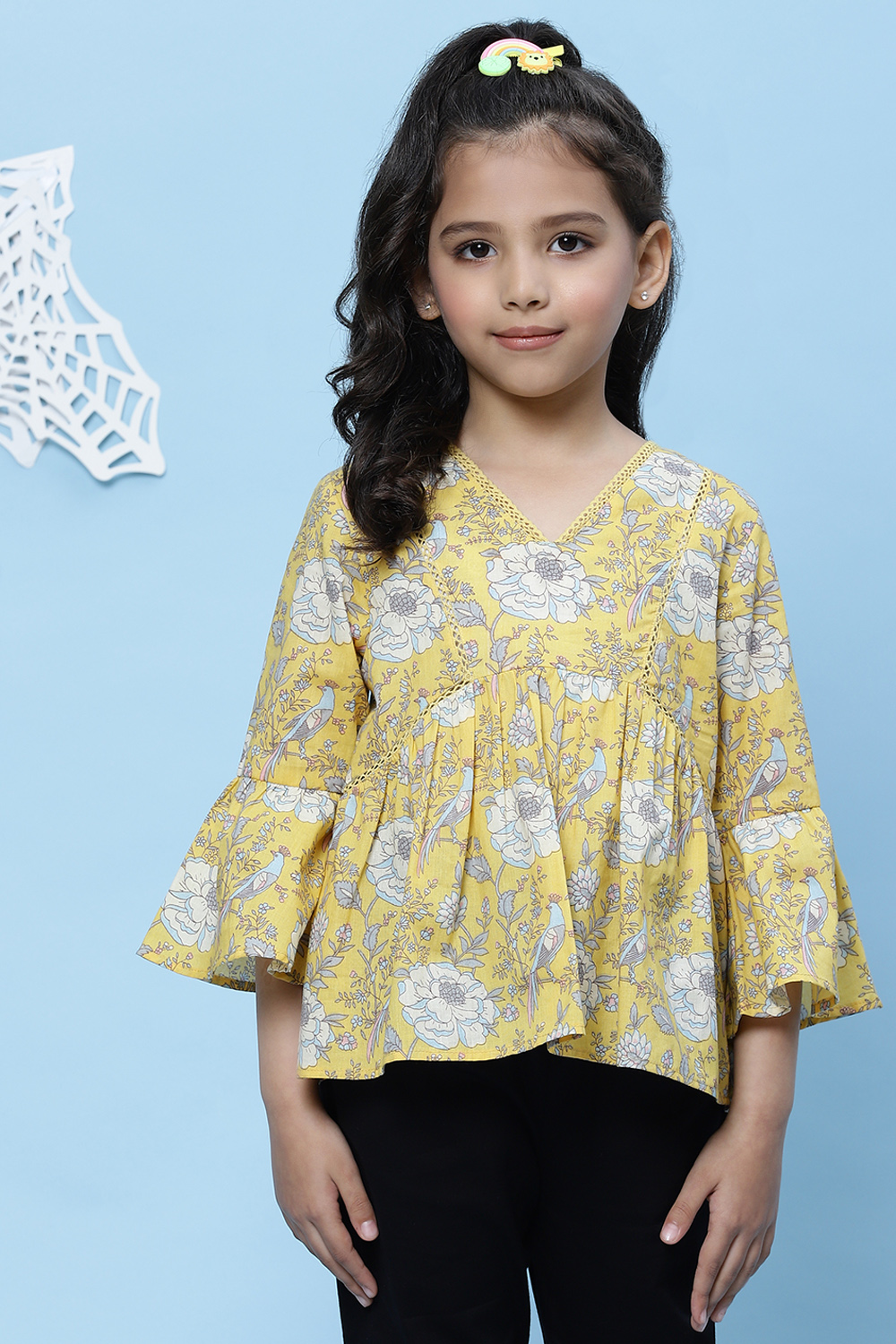 Yellow Cotton Flared Printed Top image number 0