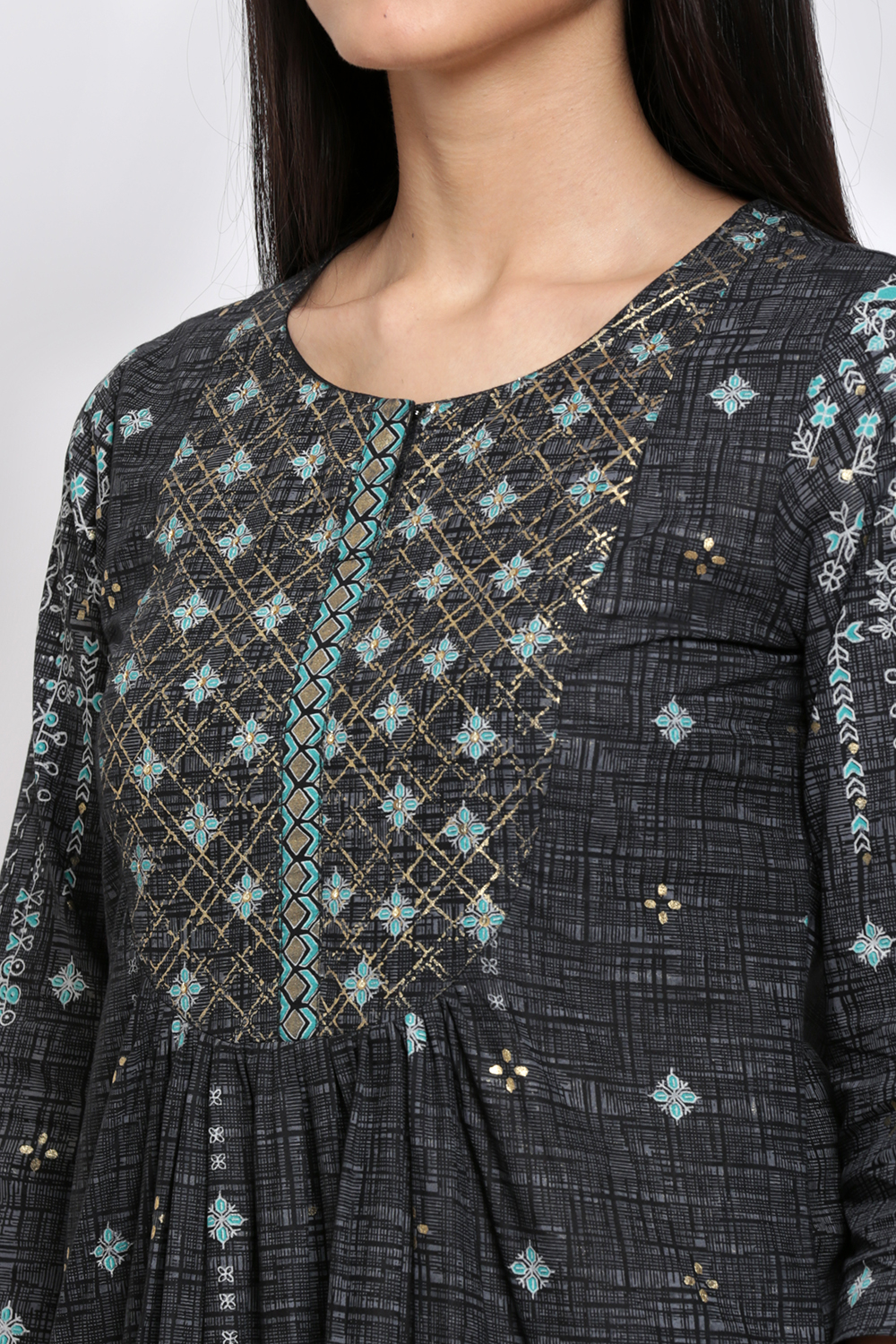 Black Cotton A-Line Printed Kurta image number 1