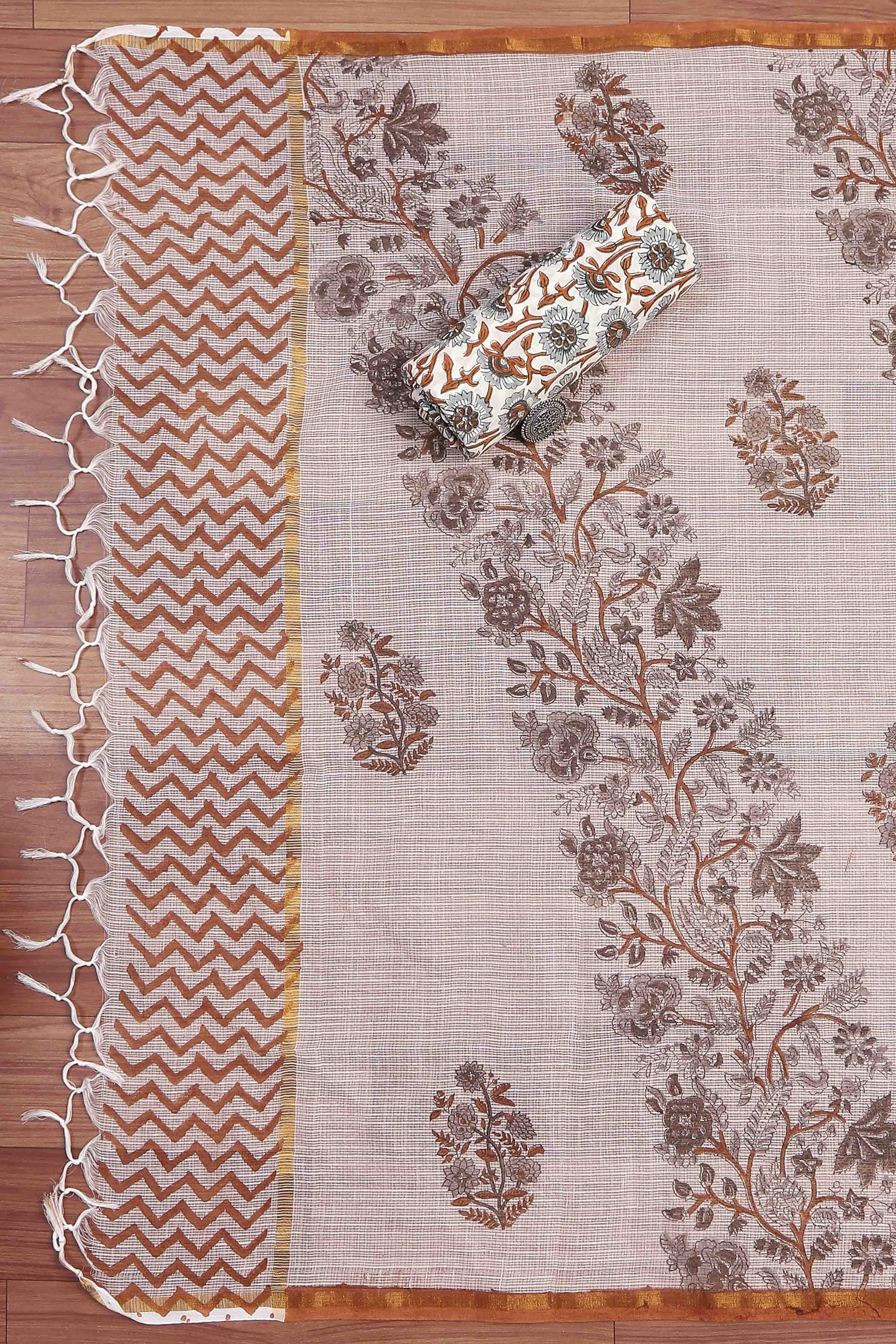 Grey Cotton Hand Block Print Unstitched Suit Set image number 3