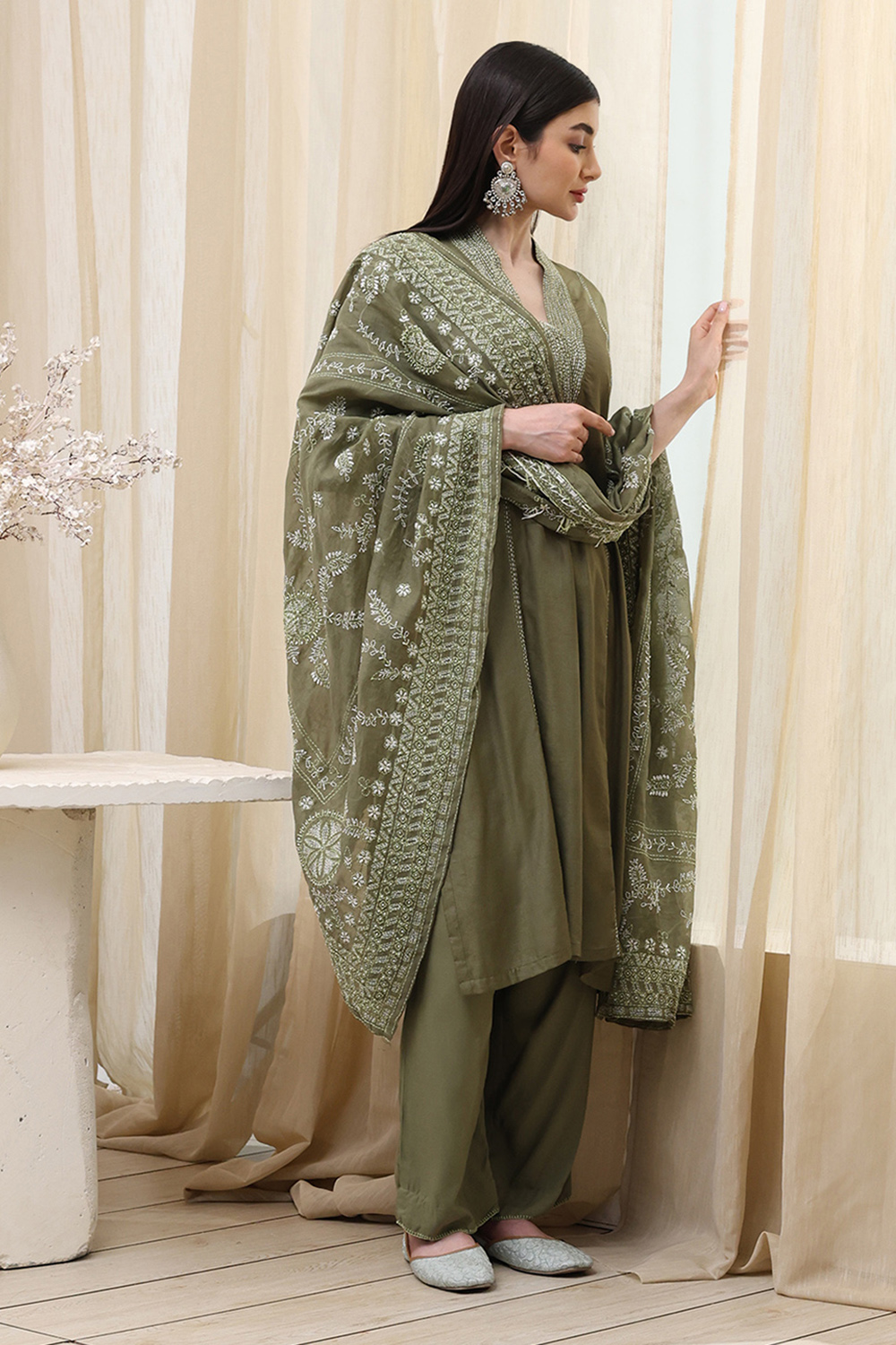 Sage Green Cotton Blend Straight Kurta Palazzo Suit Set image number 0