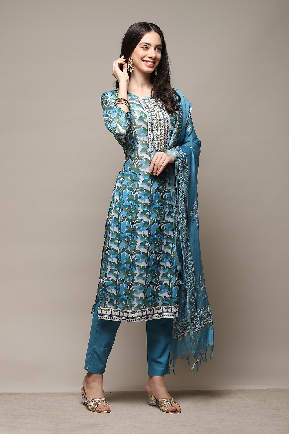 Blue Silk Blend Printed Unstitched Suit Set image number 7