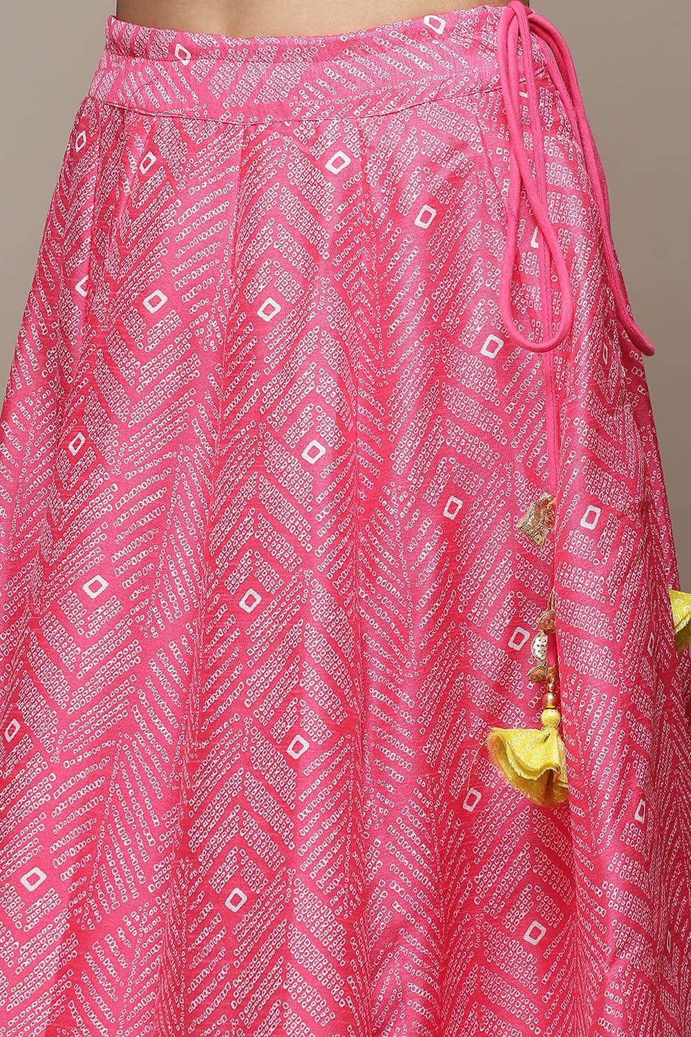 Fuschia & Lime Green Cotton Blend Lehenga Set image number 2