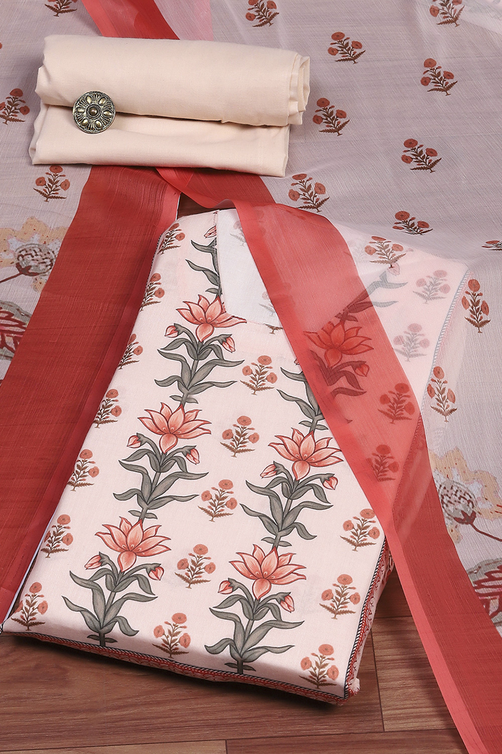 Cream Cotton Unstitched Suit Set image number 0