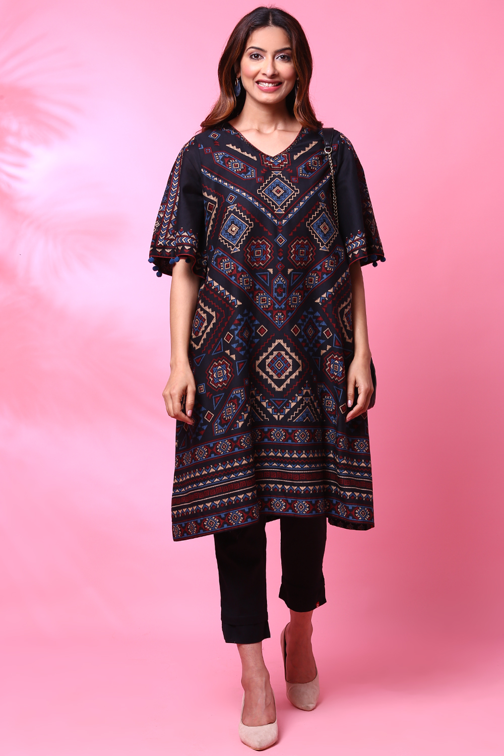 Charcoal Black Cotton A-Line Printed Kurta image number 0