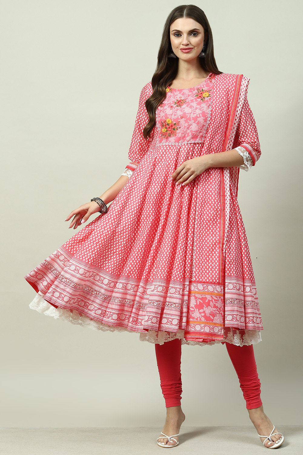 White And Pink Cotton Anarkali Kurta Churidar Suit Set image number 0