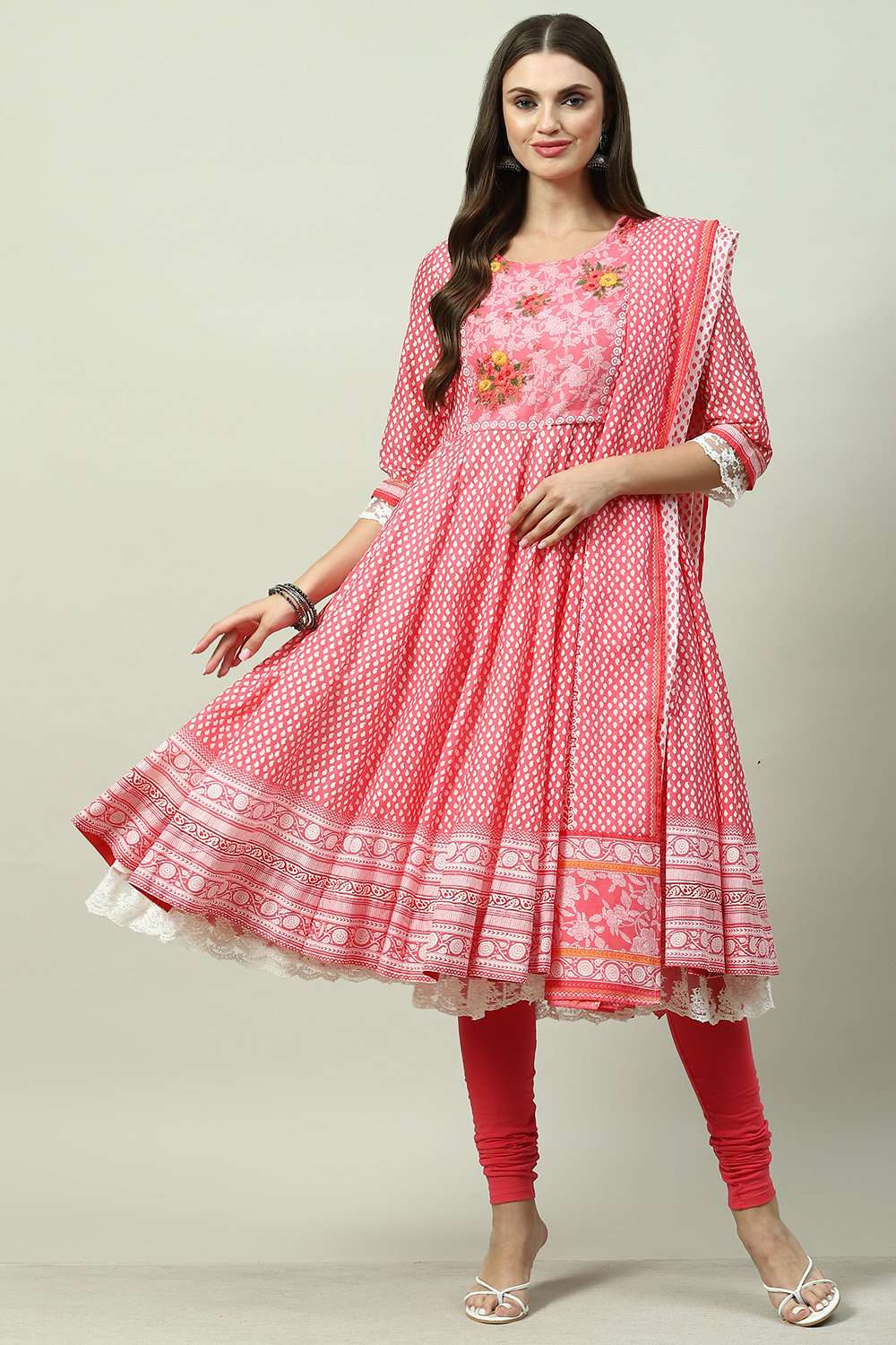 White And Pink Cotton Anarkali Kurta Churidar Suit Set image number 0